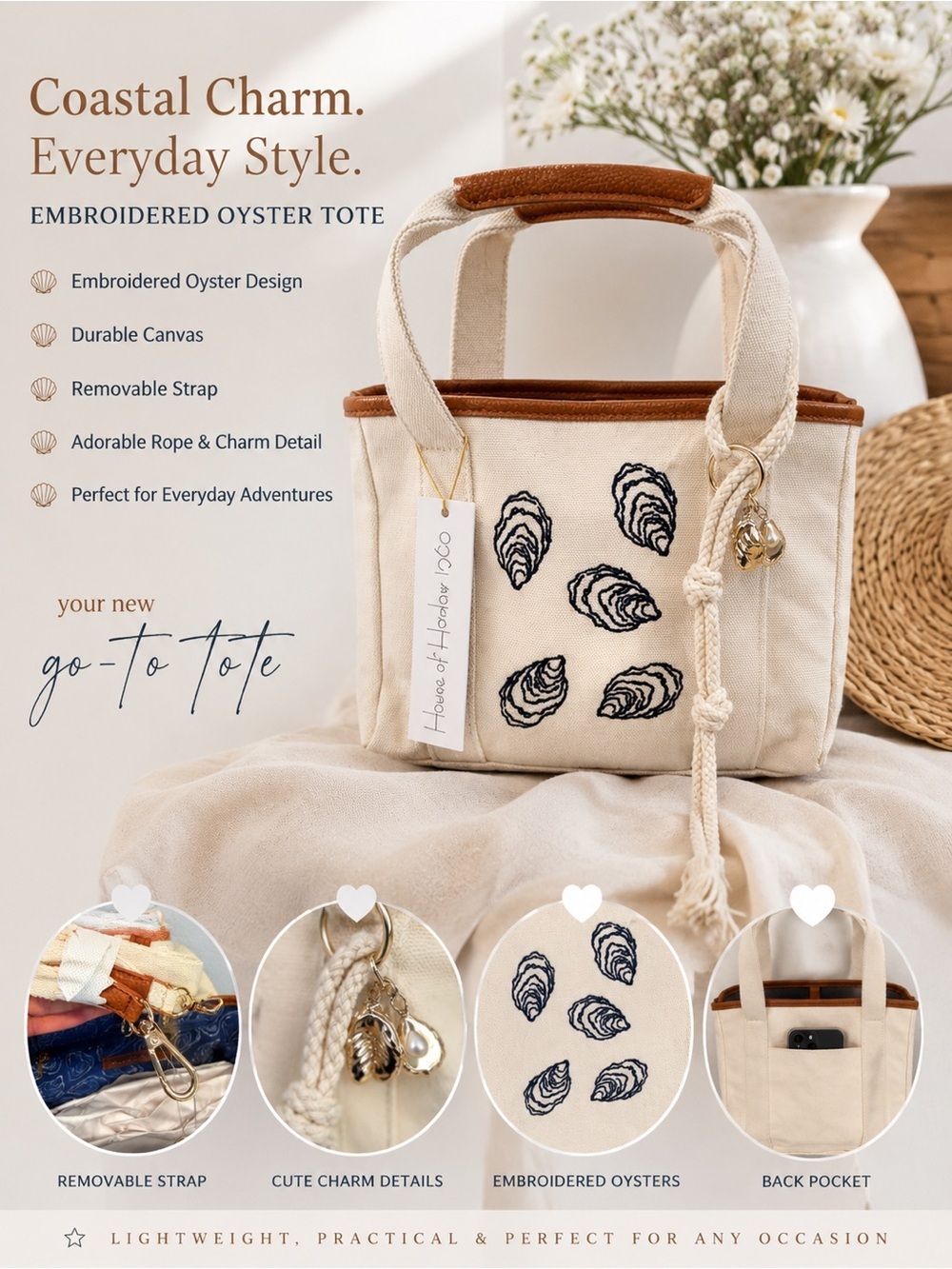 House of Harlow 1960 | Canvas Navy Oyster Embroidery w/ Crossbody & Charms 🦪🌊